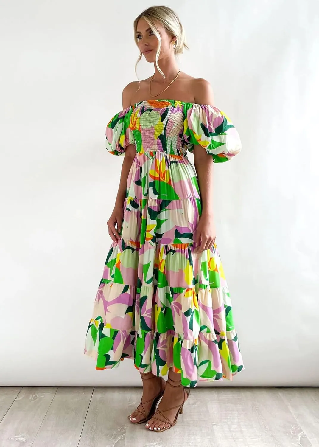 Womens Spring Summer Long Dresses Boho Floral Square Neck Midi Dress Puff Short Sleeve Tiered Maxi Dress Beach Sundress