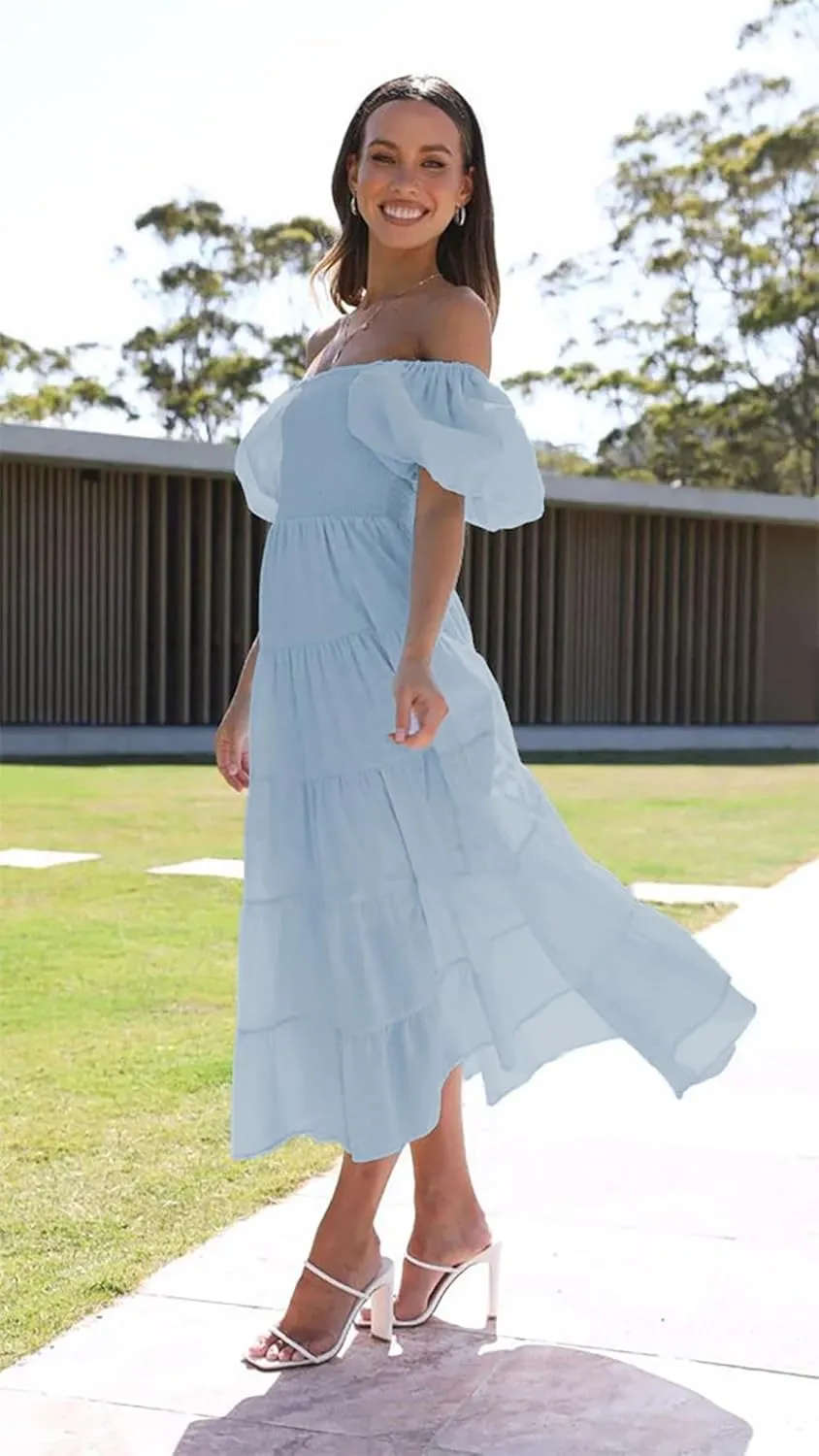 Womens Spring Summer Long Dresses Boho Floral Square Neck Midi Dress Puff Short Sleeve Tiered Maxi Dress Beach Sundress