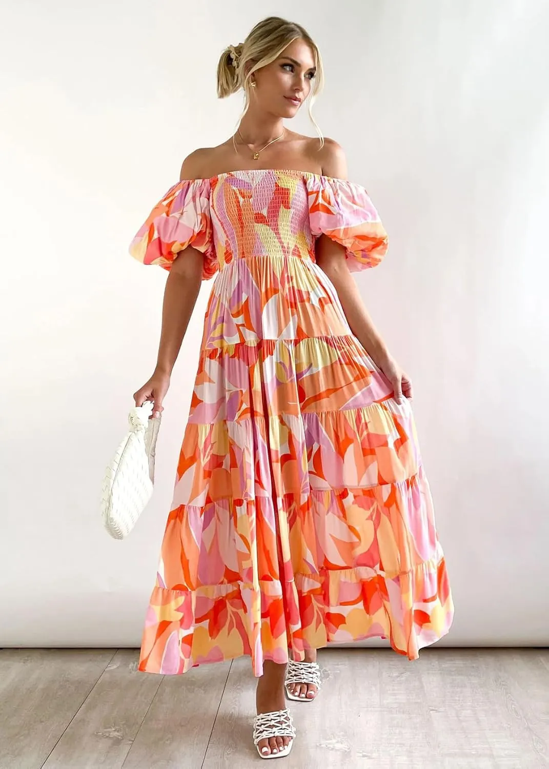 Womens Spring Summer Long Dresses Boho Floral Square Neck Midi Dress Puff Short Sleeve Tiered Maxi Dress Beach Sundress