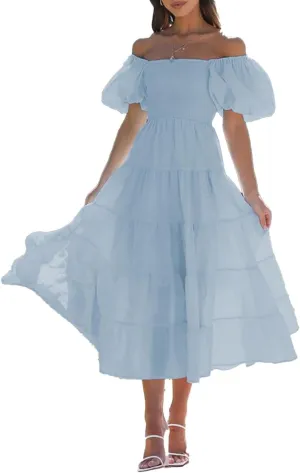 Womens Spring Summer Long Dresses Boho Floral Square Neck Midi Dress Puff Short Sleeve Tiered Maxi Dress Beach Sundress