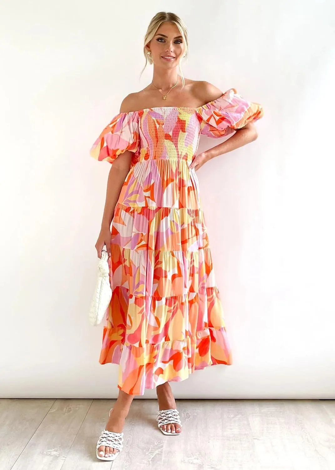 Womens Spring Summer Long Dresses Boho Floral Square Neck Midi Dress Puff Short Sleeve Tiered Maxi Dress Beach Sundress