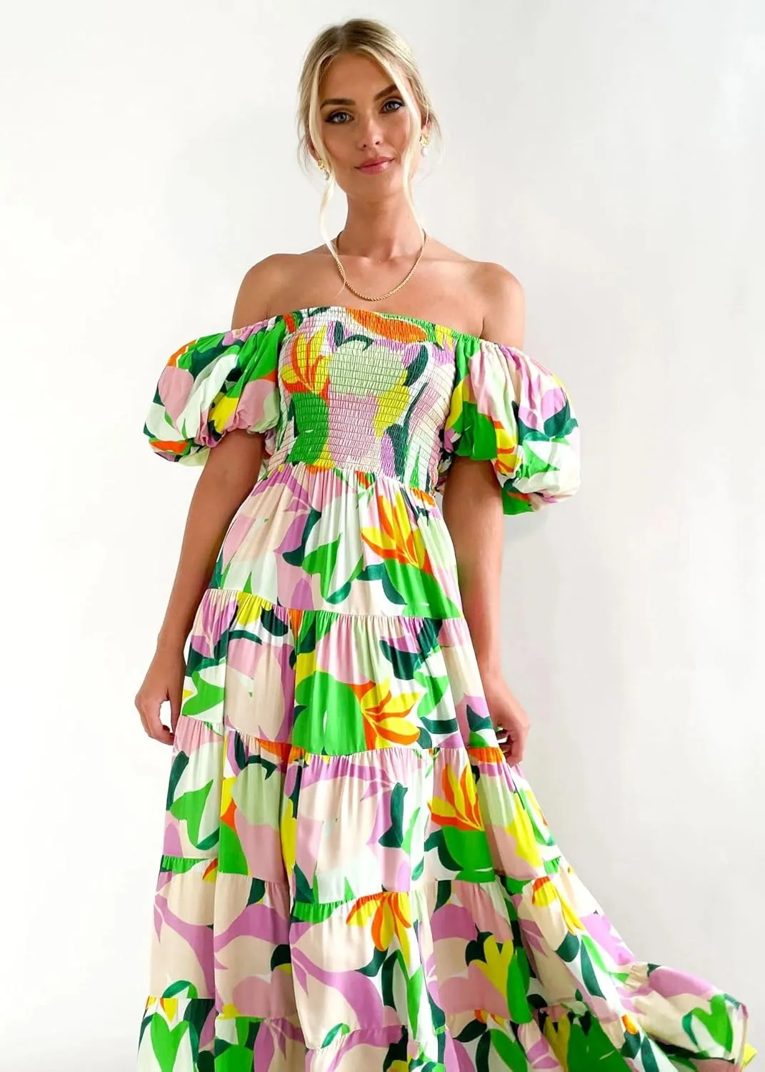 Womens Spring Summer Long Dresses Boho Floral Square Neck Midi Dress Puff Short Sleeve Tiered Maxi Dress Beach Sundress