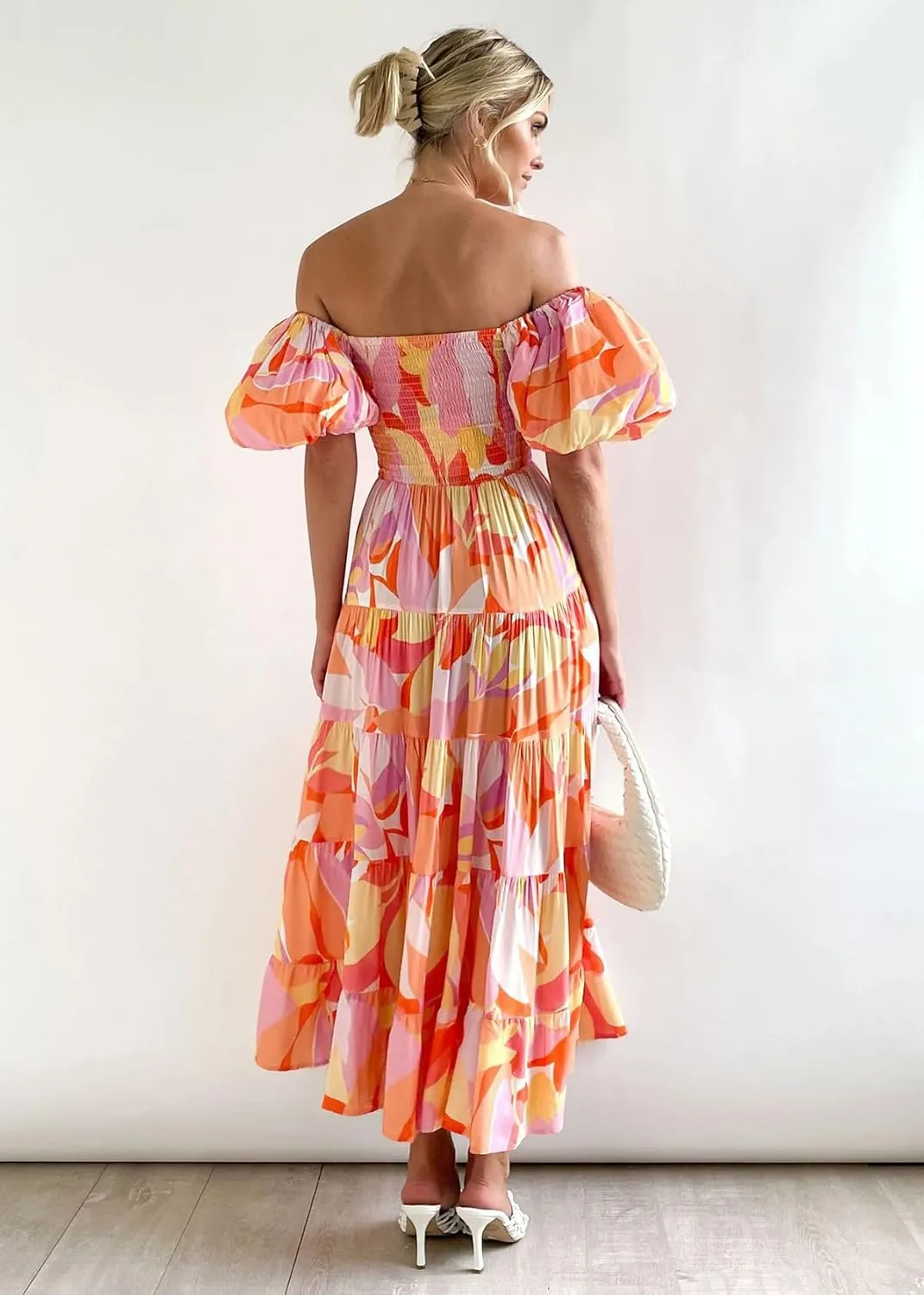 Womens Spring Summer Long Dresses Boho Floral Square Neck Midi Dress Puff Short Sleeve Tiered Maxi Dress Beach Sundress