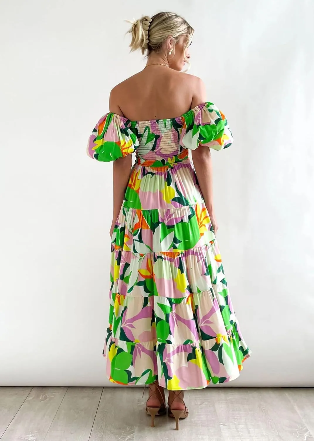 Womens Spring Summer Long Dresses Boho Floral Square Neck Midi Dress Puff Short Sleeve Tiered Maxi Dress Beach Sundress