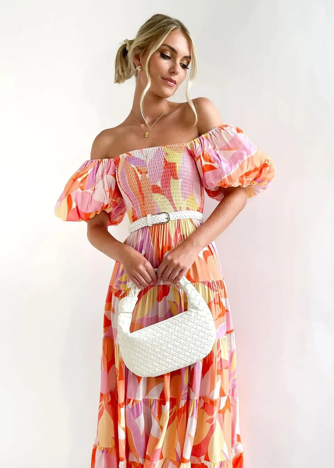 Womens Spring Summer Long Dresses Boho Floral Square Neck Midi Dress Puff Short Sleeve Tiered Maxi Dress Beach Sundress