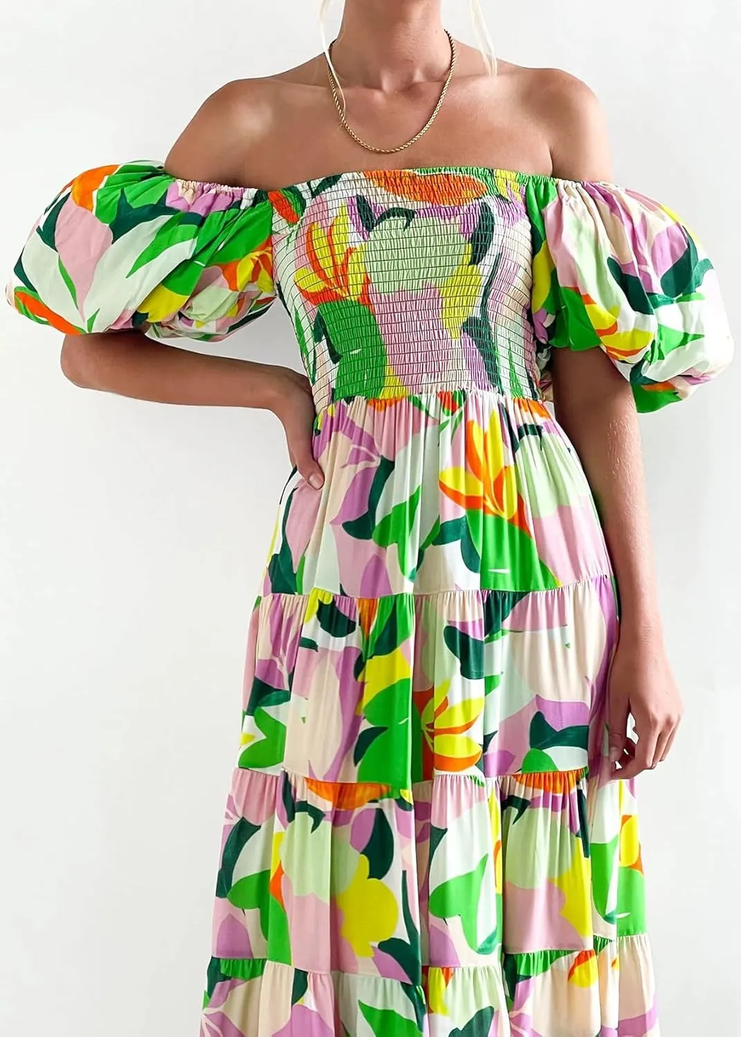 Womens Spring Summer Long Dresses Boho Floral Square Neck Midi Dress Puff Short Sleeve Tiered Maxi Dress Beach Sundress