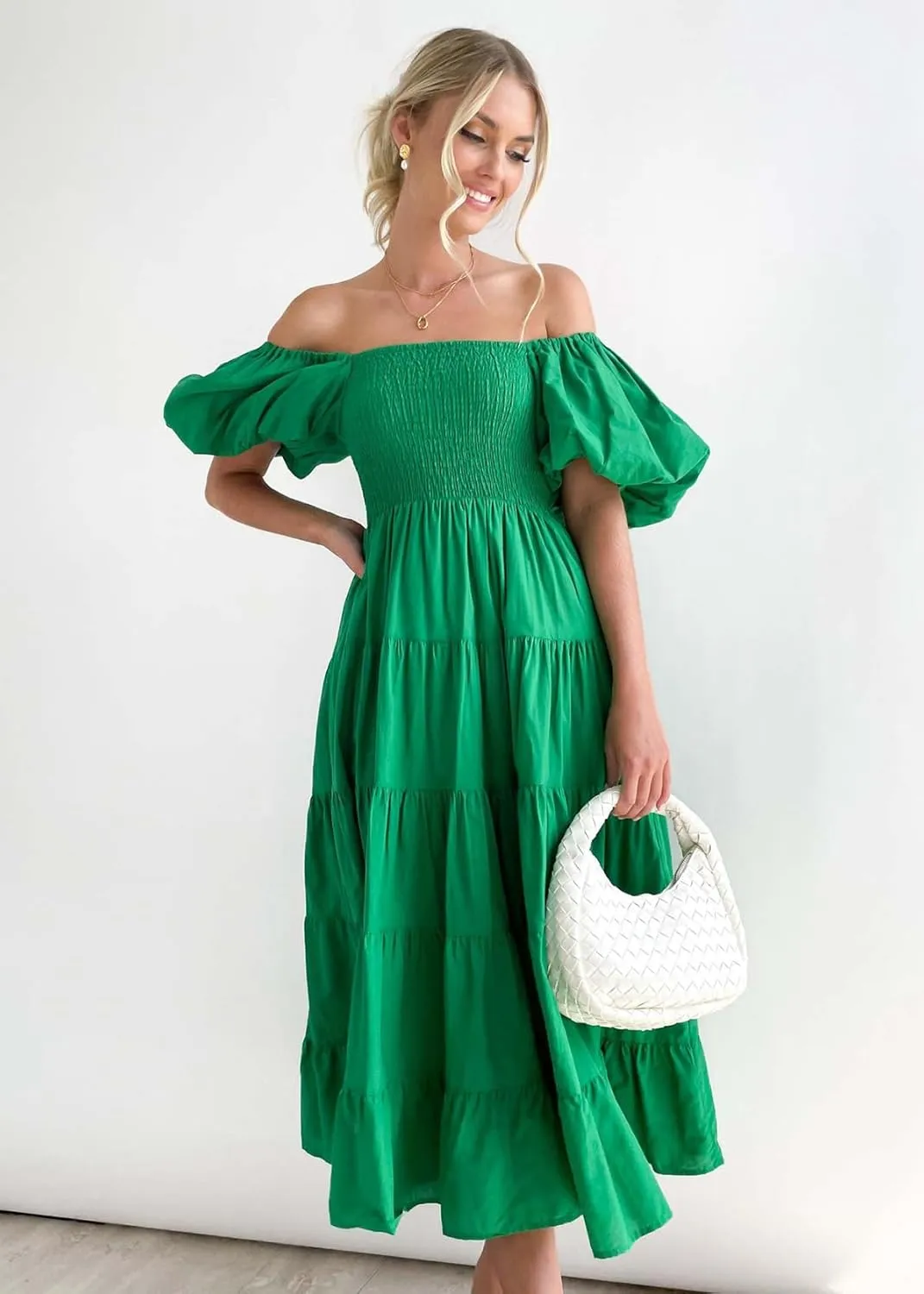 Womens Spring Summer Long Dresses Boho Floral Square Neck Midi Dress Puff Short Sleeve Tiered Maxi Dress Beach Sundress