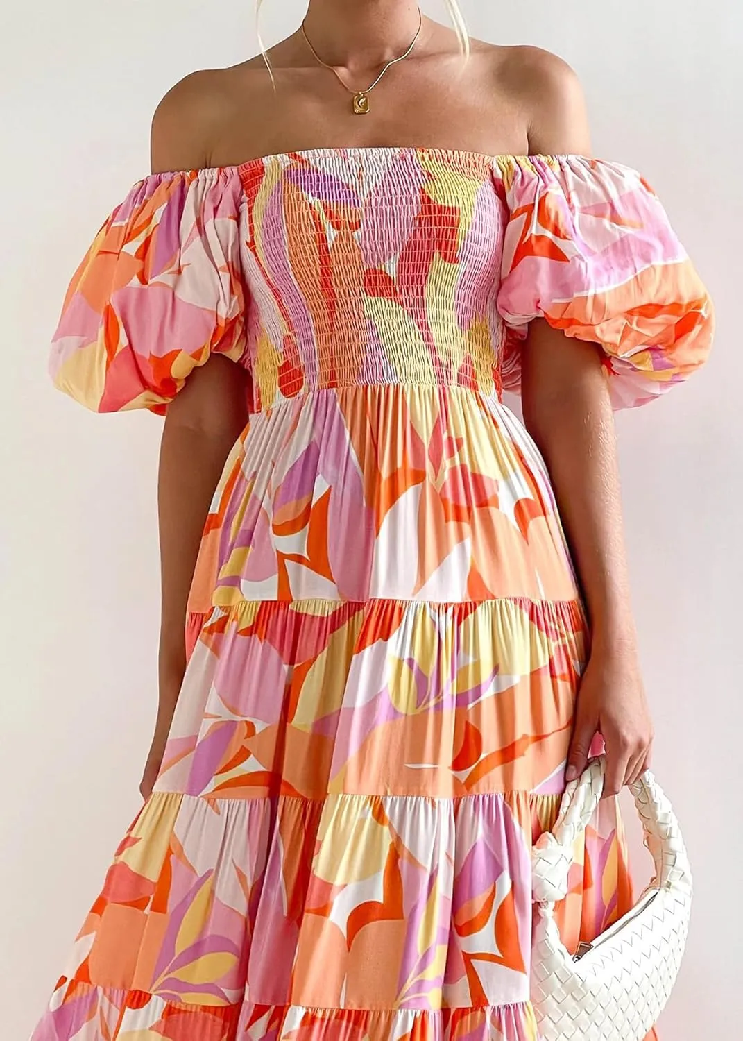 Womens Spring Summer Long Dresses Boho Floral Square Neck Midi Dress Puff Short Sleeve Tiered Maxi Dress Beach Sundress