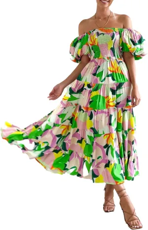 Womens Spring Summer Long Dresses Boho Floral Square Neck Midi Dress Puff Short Sleeve Tiered Maxi Dress Beach Sundress
