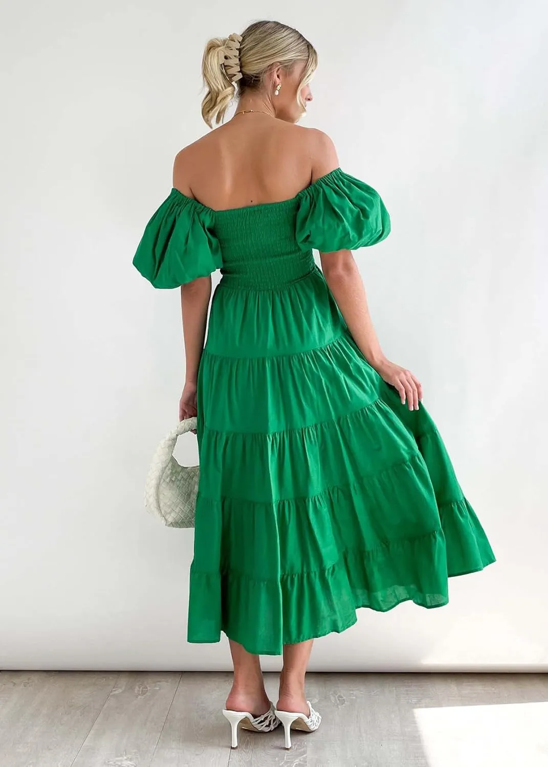 Womens Spring Summer Long Dresses Boho Floral Square Neck Midi Dress Puff Short Sleeve Tiered Maxi Dress Beach Sundress