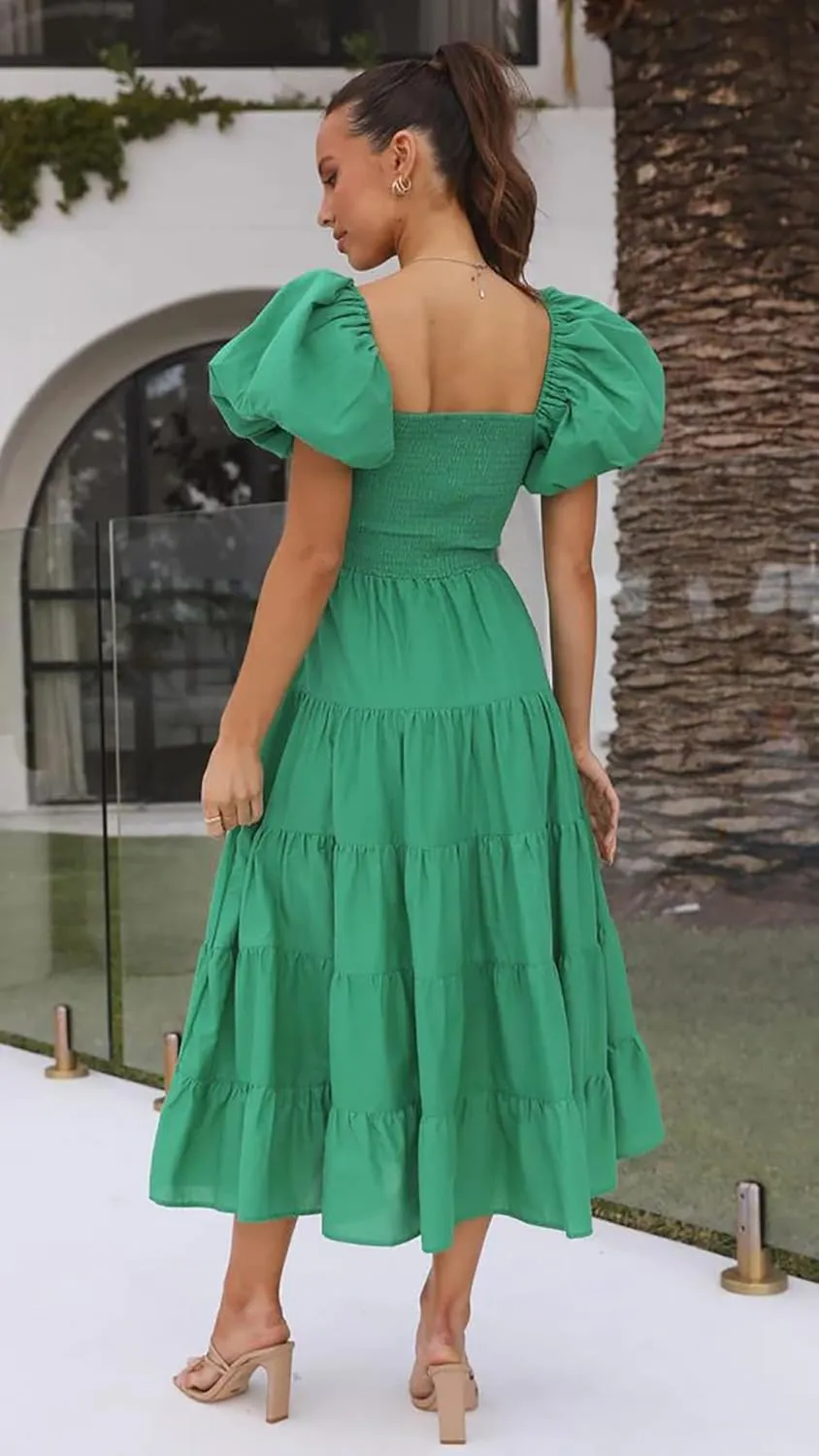 Womens Spring Summer Long Dresses Boho Floral Square Neck Midi Dress Puff Short Sleeve Tiered Maxi Dress Beach Sundress