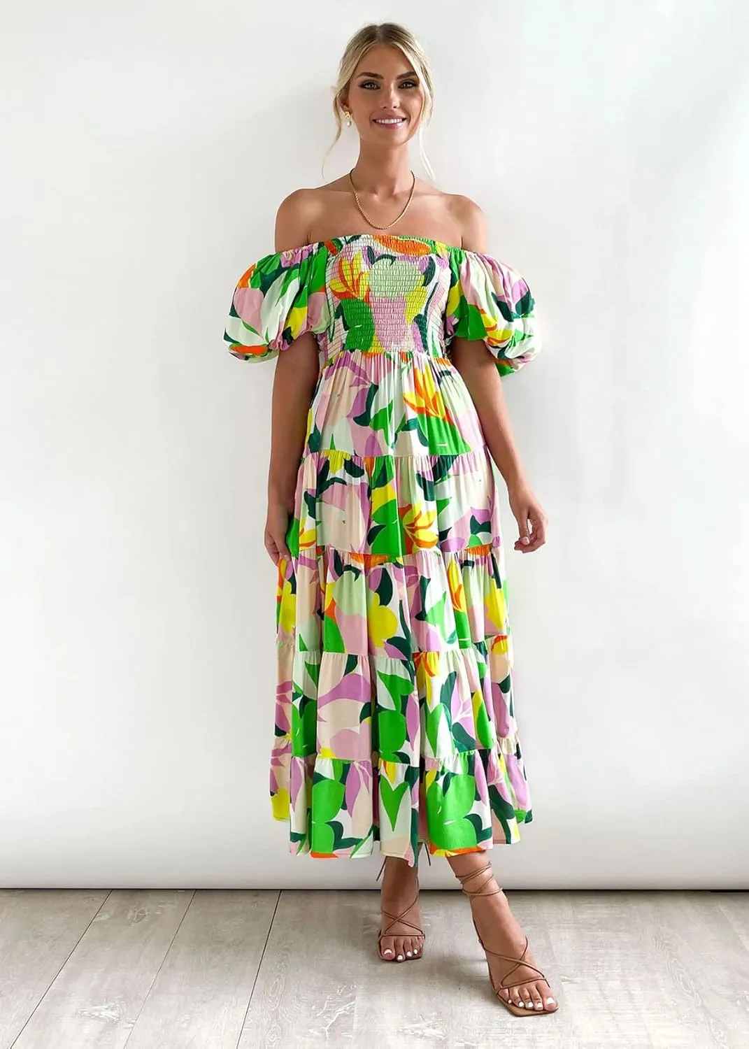 Womens Spring Summer Long Dresses Boho Floral Square Neck Midi Dress Puff Short Sleeve Tiered Maxi Dress Beach Sundress
