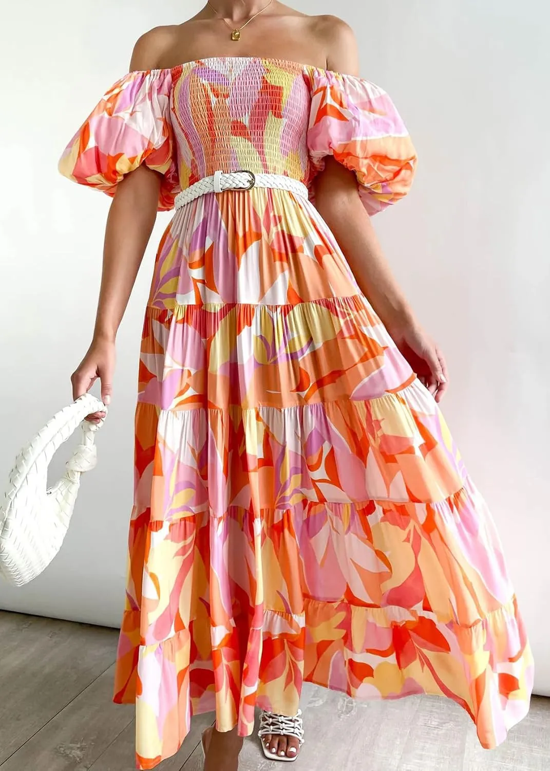 Womens Spring Summer Long Dresses Boho Floral Square Neck Midi Dress Puff Short Sleeve Tiered Maxi Dress Beach Sundress