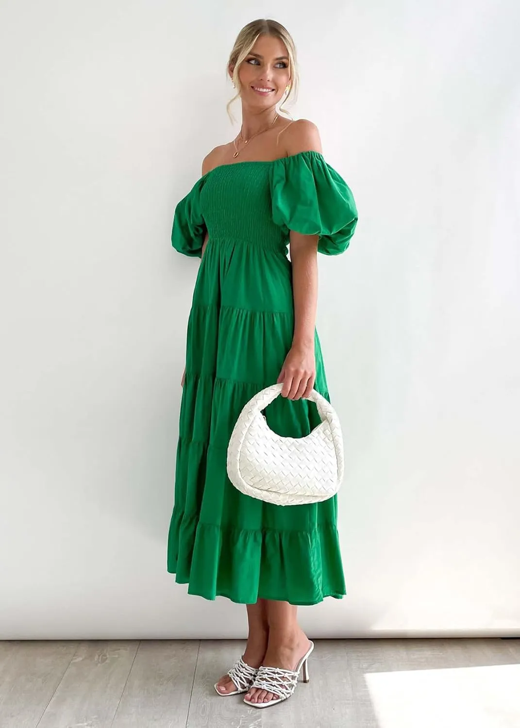 Womens Spring Summer Long Dresses Boho Floral Square Neck Midi Dress Puff Short Sleeve Tiered Maxi Dress Beach Sundress