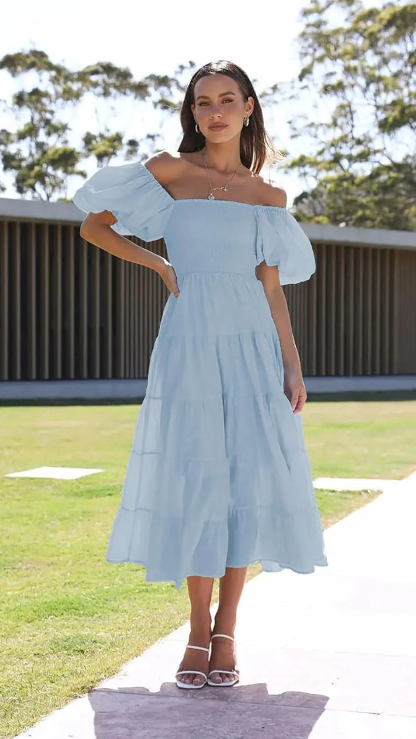 Womens Spring Summer Long Dresses Boho Floral Square Neck Midi Dress Puff Short Sleeve Tiered Maxi Dress Beach Sundress
