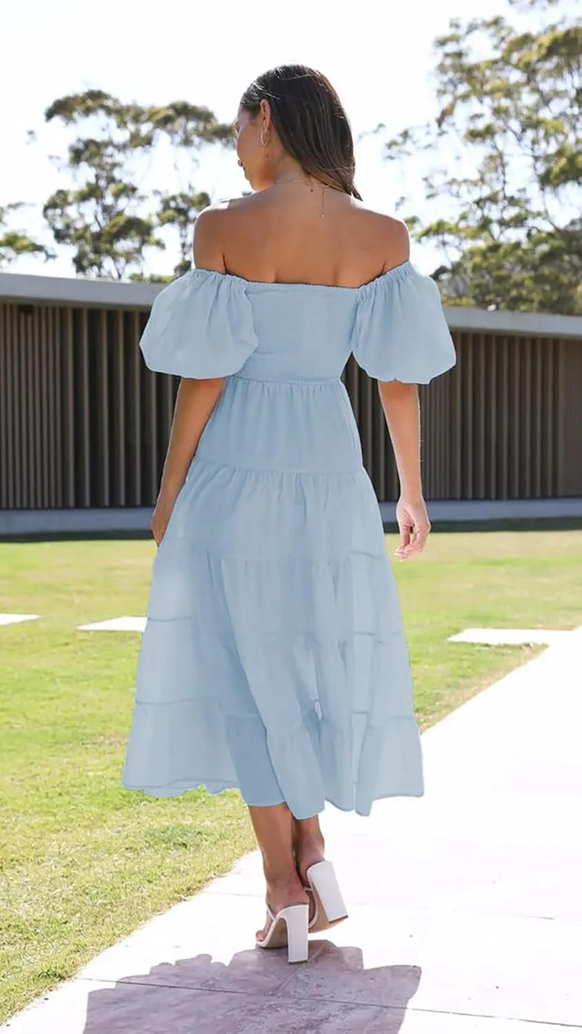 Womens Spring Summer Long Dresses Boho Floral Square Neck Midi Dress Puff Short Sleeve Tiered Maxi Dress Beach Sundress