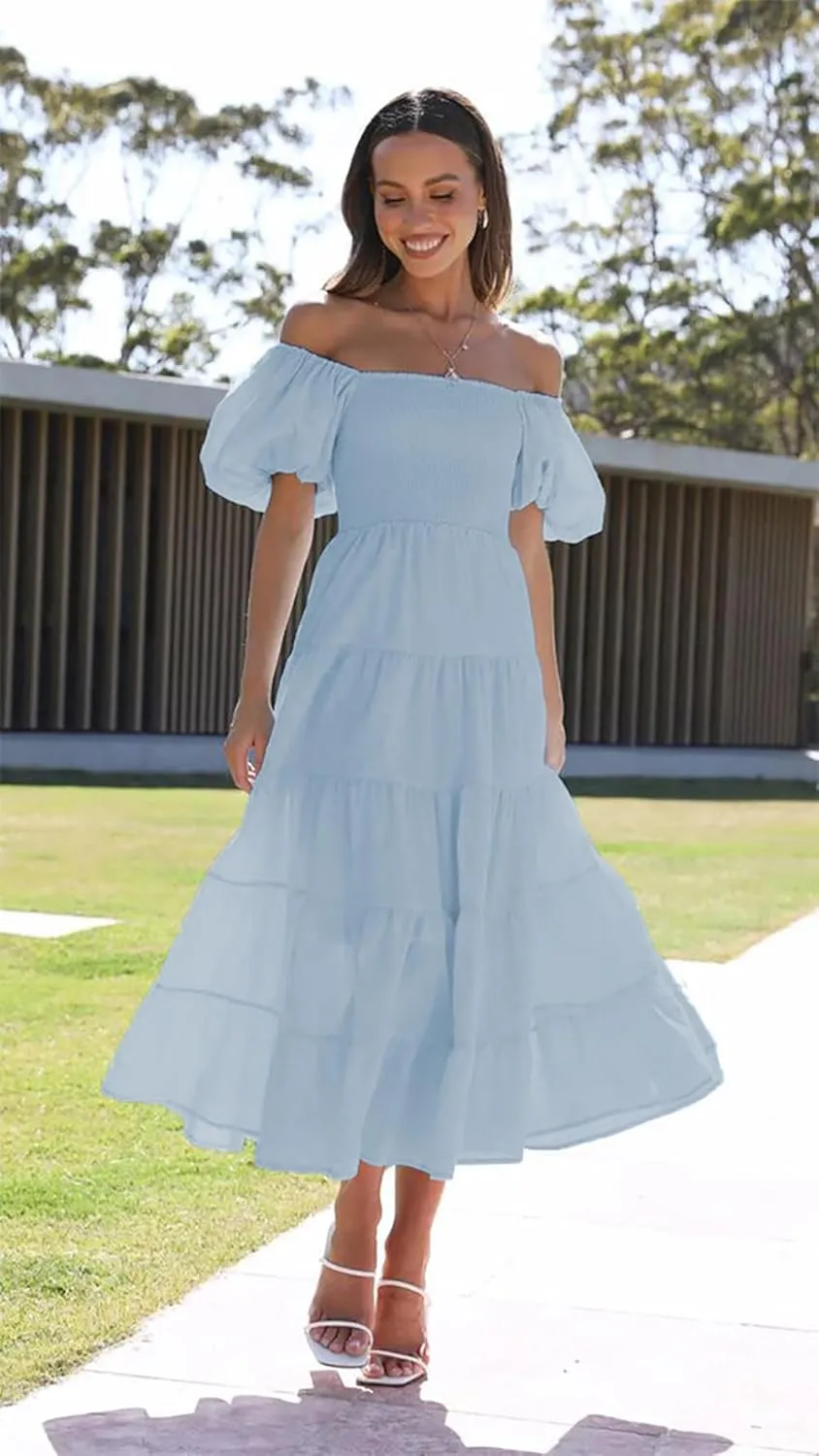 Womens Spring Summer Long Dresses Boho Floral Square Neck Midi Dress Puff Short Sleeve Tiered Maxi Dress Beach Sundress