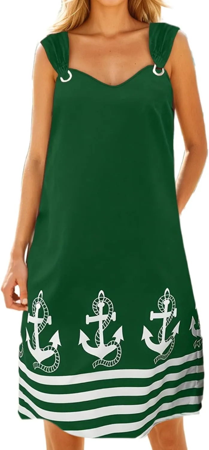 Womens Striped Anchor Tank Dress O Ring Shoulder Sundress Summer V Neck Sleeveless Midi Dresses with Pockets
