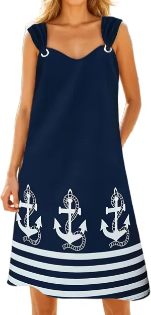 Womens Striped Anchor Tank Dress O Ring Shoulder Sundress Summer V Neck Sleeveless Midi Dresses with Pockets