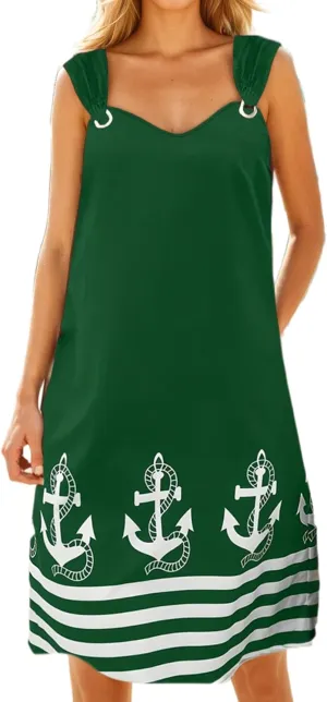 Womens Striped Anchor Tank Dress O Ring Shoulder Sundress Summer V Neck Sleeveless Midi Dresses with Pockets