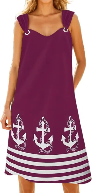 Womens Striped Anchor Tank Dress O Ring Shoulder Sundress Summer V Neck Sleeveless Midi Dresses with Pockets
