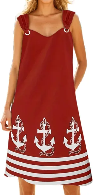 Womens Striped Anchor Tank Dress O Ring Shoulder Sundress Summer V Neck Sleeveless Midi Dresses with Pockets