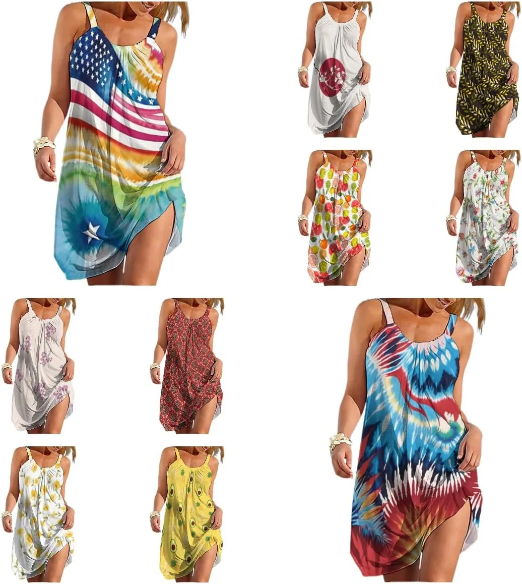 Women's Summer Bohemian Spaghetti Strap Loose Casual Flowy Midi Dress Beach Party Short Dresses for Vacation