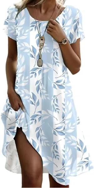 Women's Summer Boho Floral Crewneck Tshirt Dress Casual Loose Short Sleeve Swing Flowy Tunic Midi Dresses with Pockets