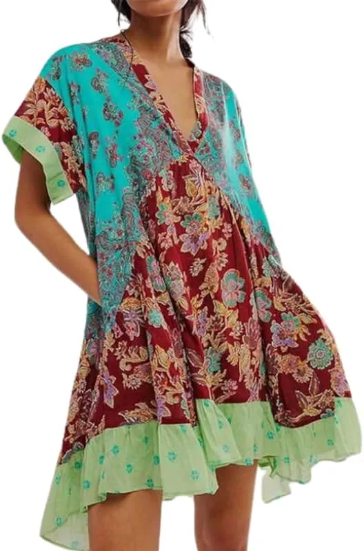 Womens Summer Boho Floral Mini Dresses Deep V Neck Short Sleeve Ruffle Flowy Babydoll Dress with Pockets