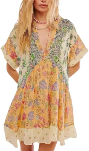 Womens Summer Boho Floral Mini Dresses Deep V Neck Short Sleeve Ruffle Flowy Babydoll Dress with Pockets