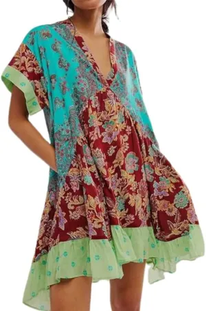 Womens Summer Boho Floral Mini Dresses Deep V Neck Short Sleeve Ruffle Flowy Babydoll Dress with Pockets