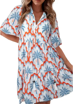 Women's Summer Button Down Floral Print Mini Dresses Ruffle Short Sleeve Sundress Tie Front Beach Vacation Dress