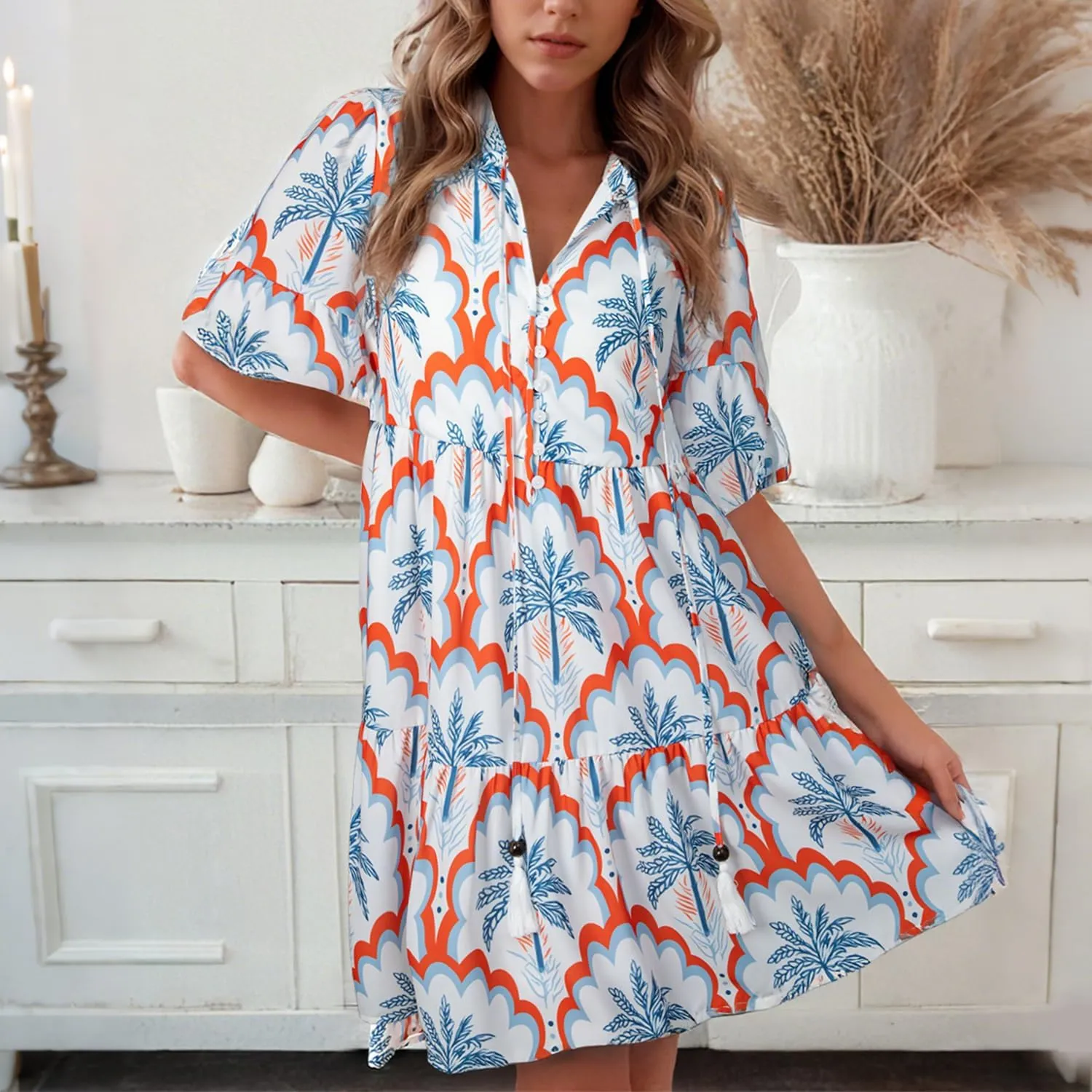 Women's Summer Button Down Floral Print Mini Dresses Ruffle Short Sleeve Sundress Tie Front Beach Vacation Dress