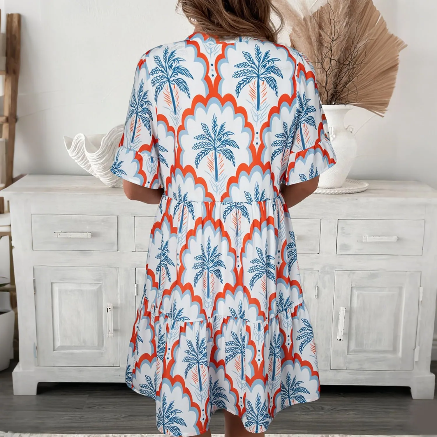 Women's Summer Button Down Floral Print Mini Dresses Ruffle Short Sleeve Sundress Tie Front Beach Vacation Dress