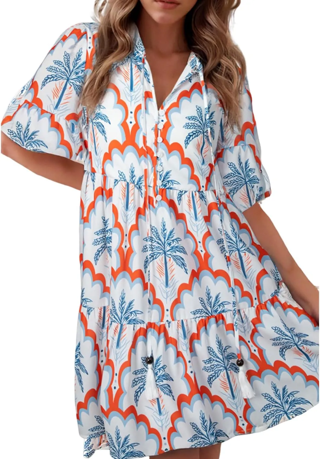 Women's Summer Button Down Floral Print Mini Dresses Ruffle Short Sleeve Sundress Tie Front Beach Vacation Dress