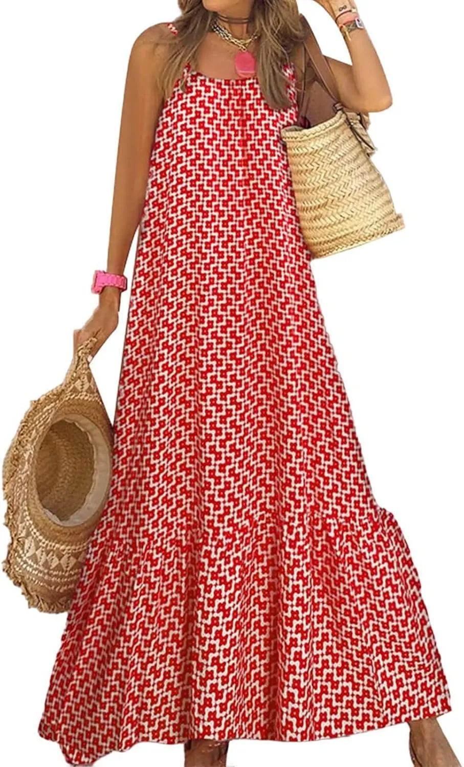 Women's Summer Casual Boho Floral Sundress Spaghetti Strap Flowy Midi Dresses A Line Beach Wedding Guest Dress