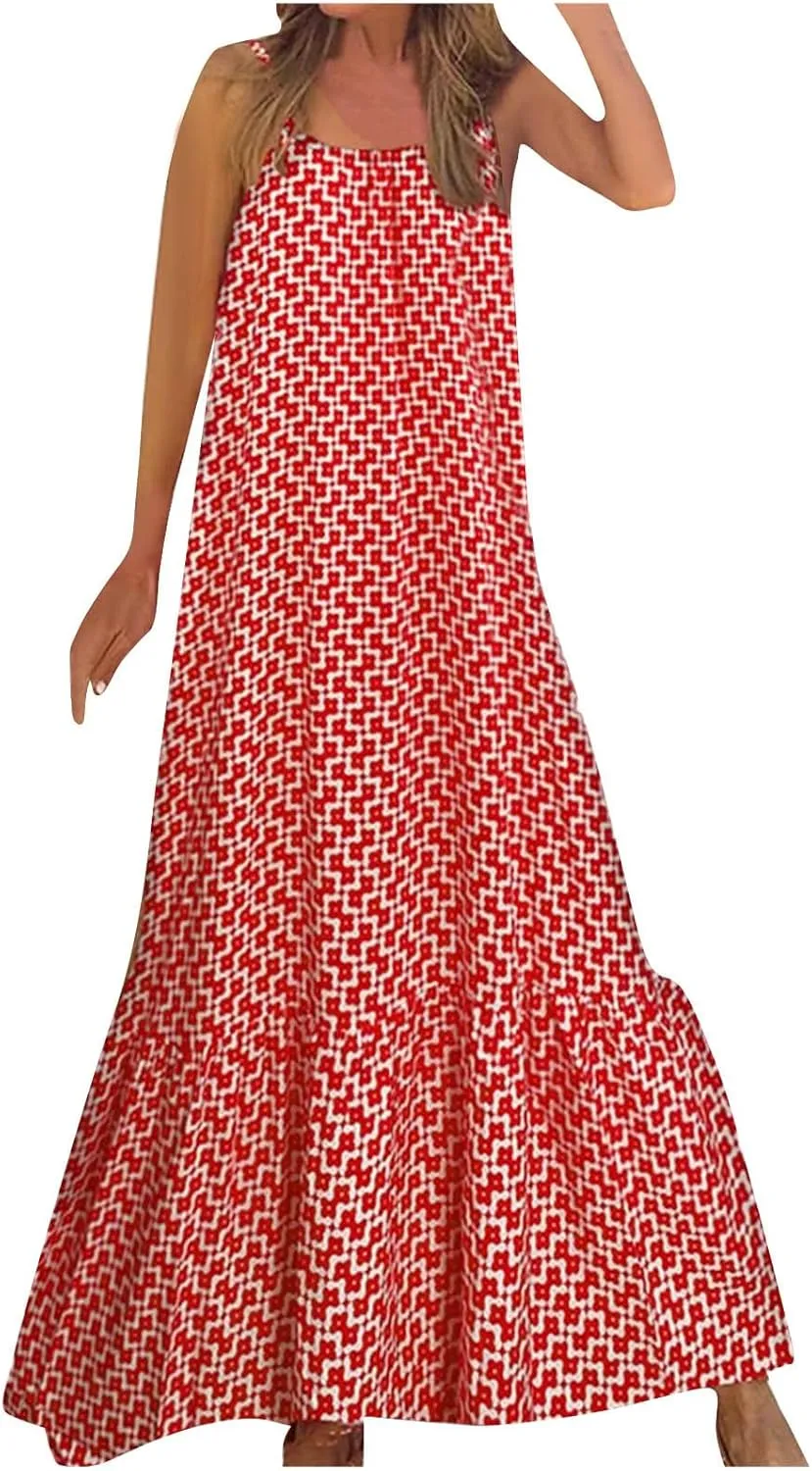 Women's Summer Casual Boho Floral Sundress Spaghetti Strap Flowy Midi Dresses A Line Beach Wedding Guest Dress