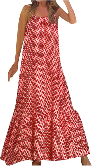 Women's Summer Casual Boho Floral Sundress Spaghetti Strap Flowy Midi Dresses A Line Beach Wedding Guest Dress