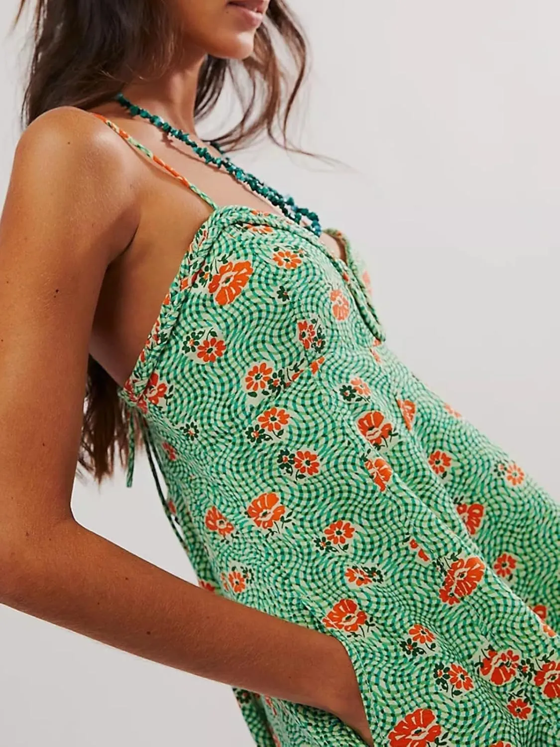 Women's Summer Casual Dress Adjustable Spaghetti Strap Flare Mini Dresses with Pockets Beach Short Sundress