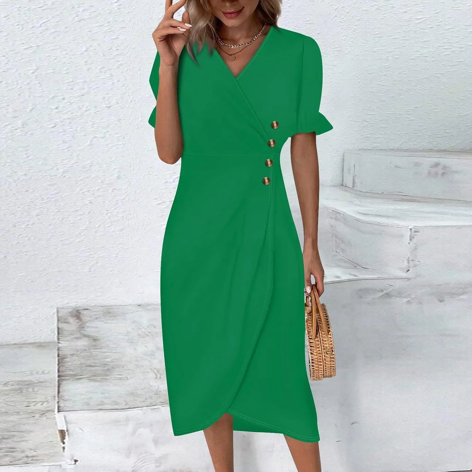 Women's Summer Casual Loose Short Sleeve V-Neck Floral Printed Solid Beach Vacation Boho Dress Plus Size, S-3XL