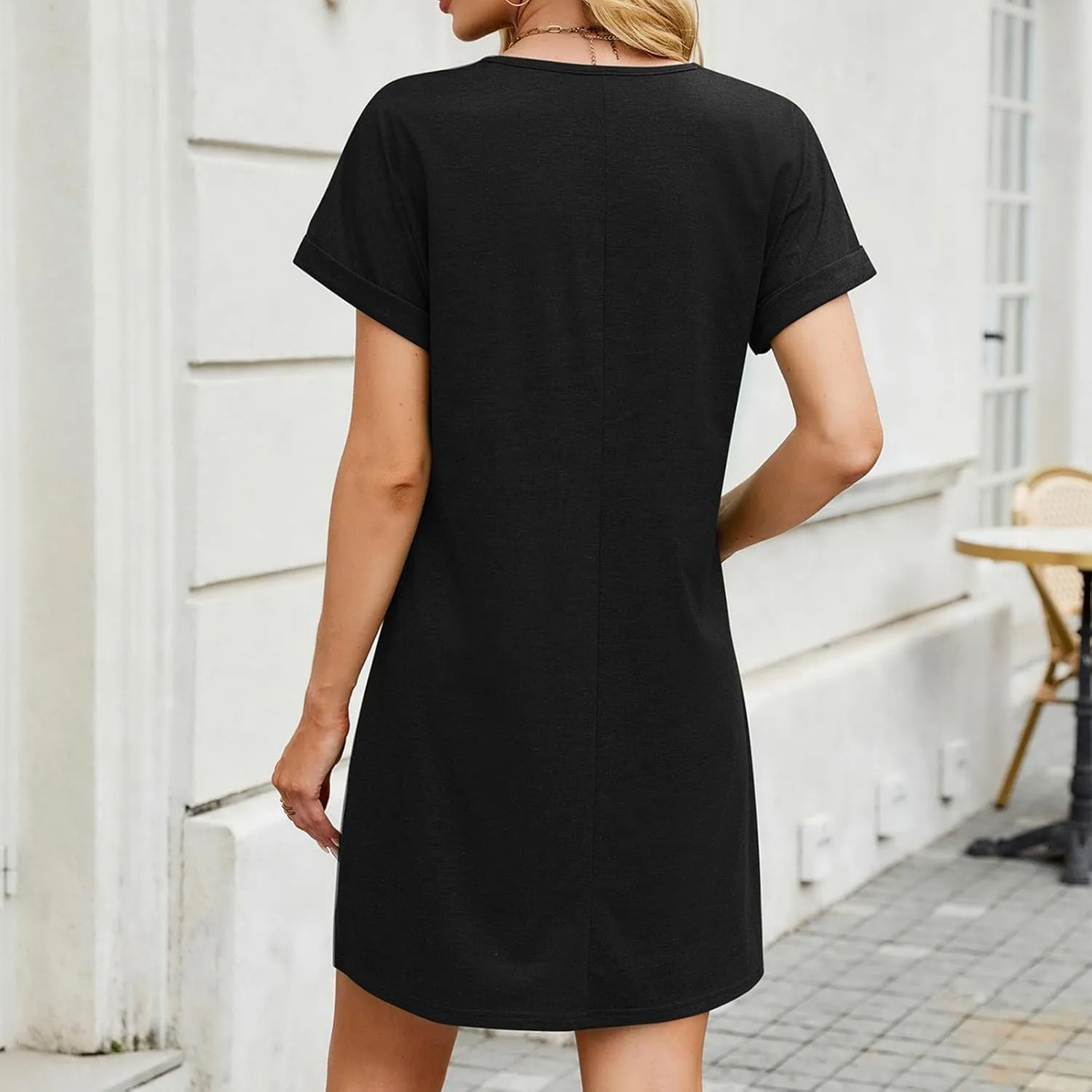 Women's Summer Casual Loose Trendy Sun Dress Short Sleeve Solid Color Pullover Pleated Dresses, S-2XL