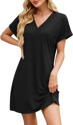 Women's Summer Casual Loose Trendy Sun Dress Short Sleeve Solid Color Pullover Pleated Dresses, S-2XL