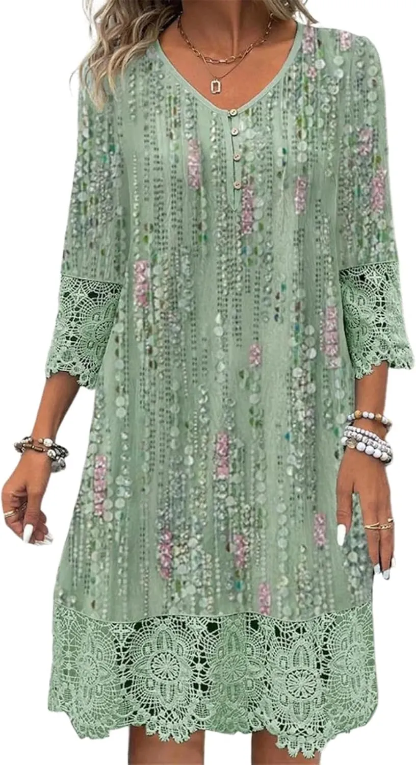 Womens Summer Casual Mini Dresses Lightweight 3/4 Sleeve V Neck Dresses Loose Waist Boho Print Lace Beach Dress