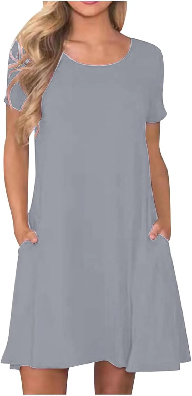 Womens Summer Casual Solid Dresses Beach Vacation Dresses Short Sleeve Tshirt Mini Dress with Pockets
