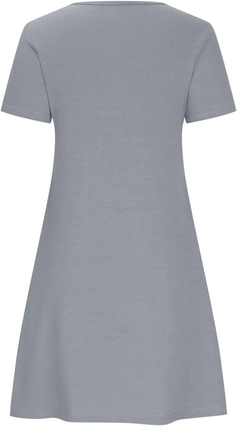 Womens Summer Casual Solid Dresses Beach Vacation Dresses Short Sleeve Tshirt Mini Dress with Pockets