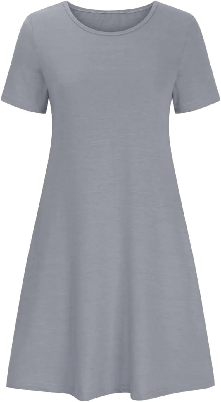 Womens Summer Casual Solid Dresses Beach Vacation Dresses Short Sleeve Tshirt Mini Dress with Pockets