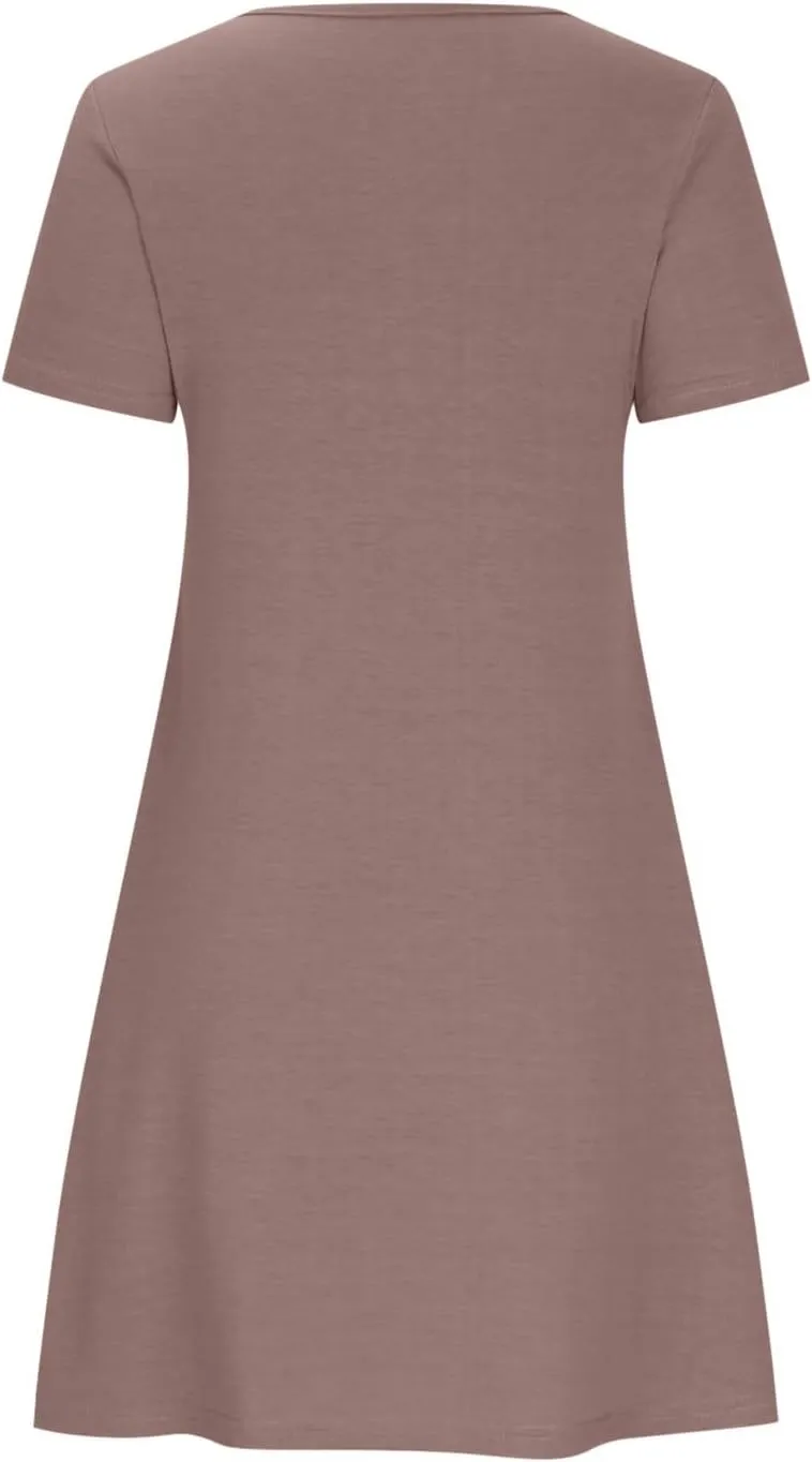Womens Summer Casual Solid Dresses Beach Vacation Dresses Short Sleeve Tshirt Mini Dress with Pockets