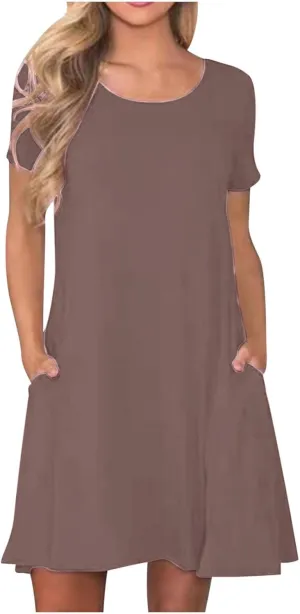 Womens Summer Casual Solid Dresses Beach Vacation Dresses Short Sleeve Tshirt Mini Dress with Pockets