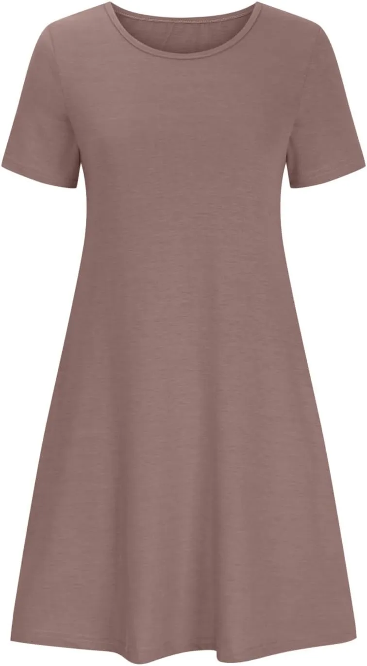 Womens Summer Casual Solid Dresses Beach Vacation Dresses Short Sleeve Tshirt Mini Dress with Pockets
