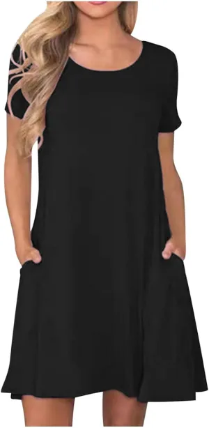 Womens Summer Casual Solid Dresses Beach Vacation Dresses Short Sleeve Tshirt Mini Dress with Pockets
